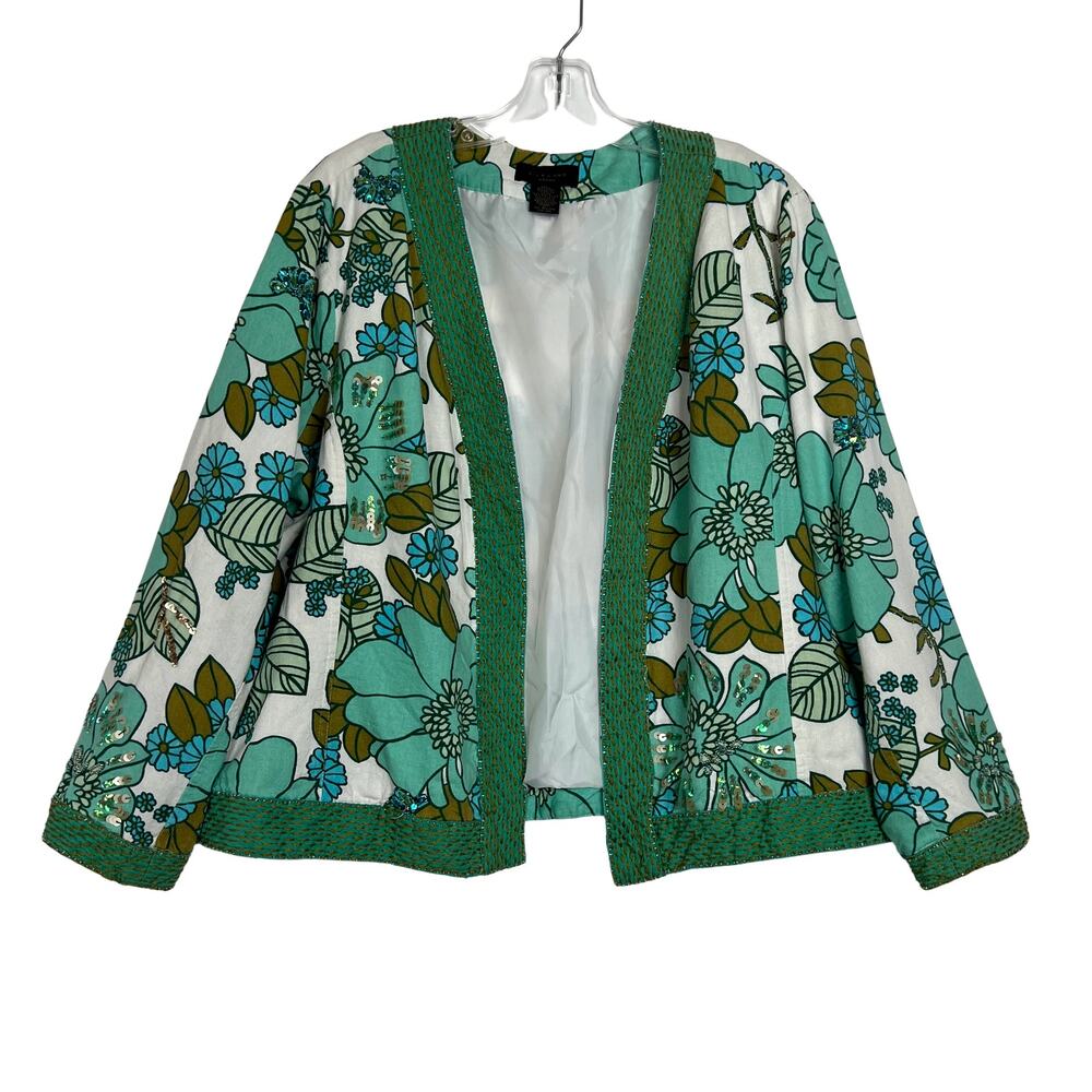 SilkLand Long Sleeve Linen Blend Floral Open Front Jacket Green White Womens 2X